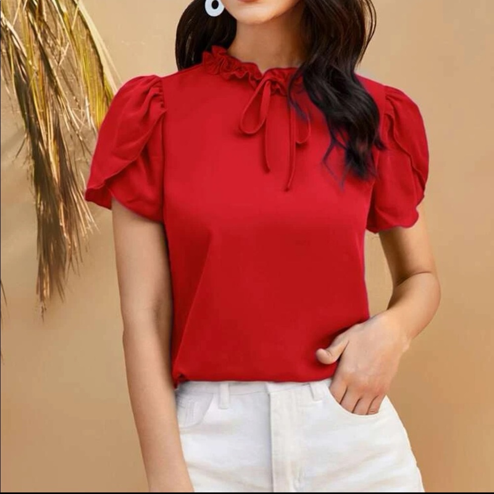 Frill neck knot detail petal sleeve top